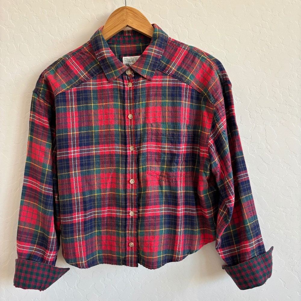 American Eagle Red Plaid Cropped Flannel Shirt, Size XS, retro, grunge, gorpcore